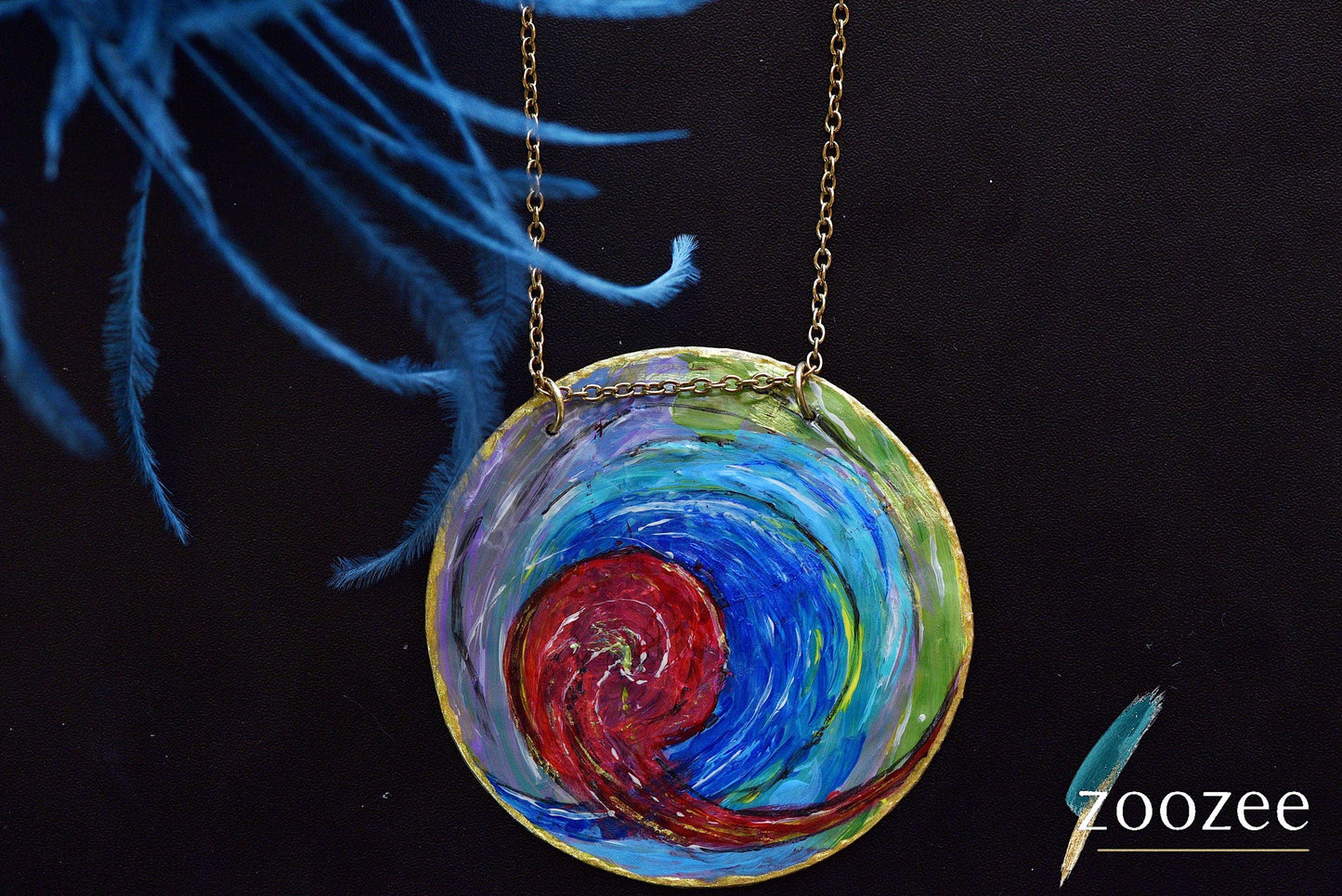 Painting on Metal Necklace Handpainted Spiral Wave Pendant Bold Contemporary Art Jewelry