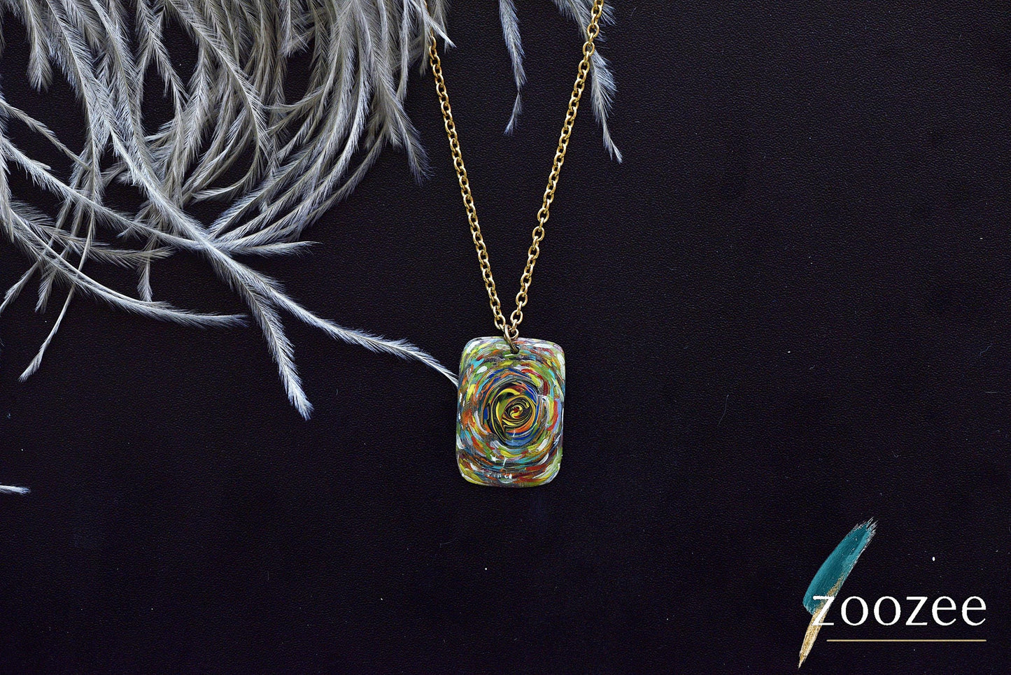 Painting on Metal Necklace Handpainted Spiral Pendant Colorful Contemporary Design Jewelry