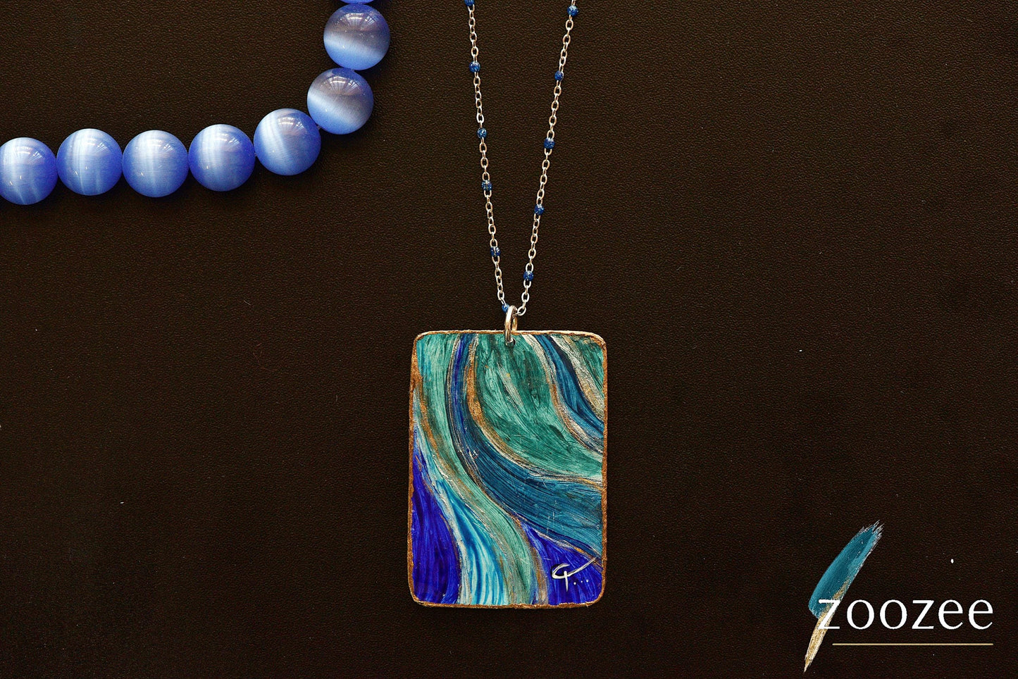 Hand Painted Blue Wave Square Pendant Necklace Ocean Inspired Jewelry