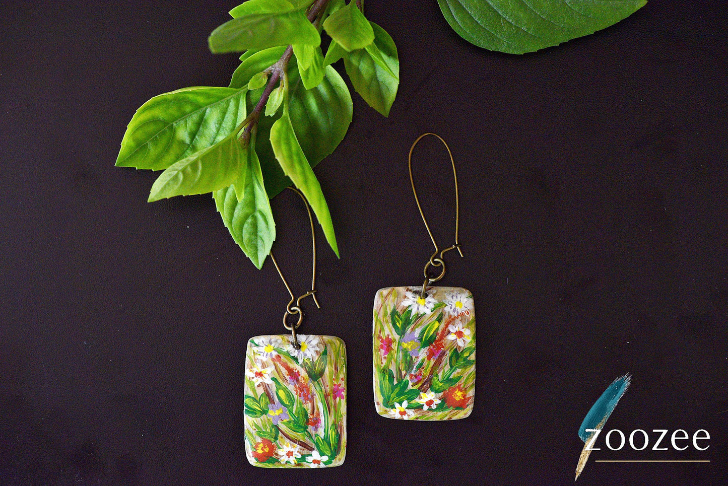 Hand Painted Floral Garden Earrings Rectangular Nature Inspired Artistic Jewelry