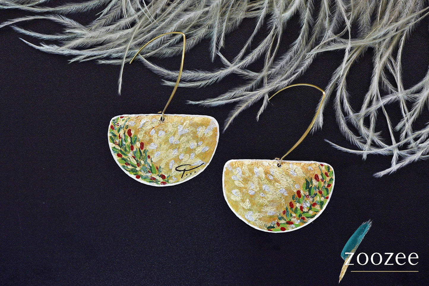 Hand Painted Metal Earrings Gold Botanical Semi Circle Elegant Artisan Jewelry