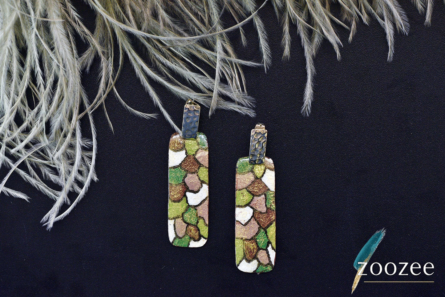 Earth Tone Mosaic Rectangle Earrings Textured Statement Jewelry Gold Black Detail