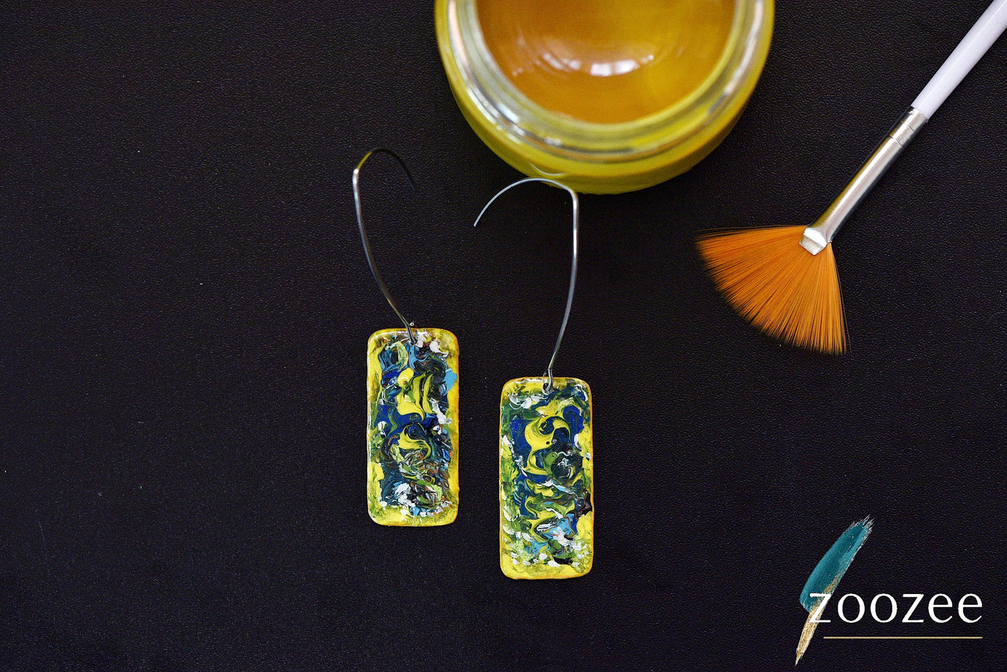 Hand Painted Rectangular Earrings Abstract Swirl Painting On Metal Art Jewelry