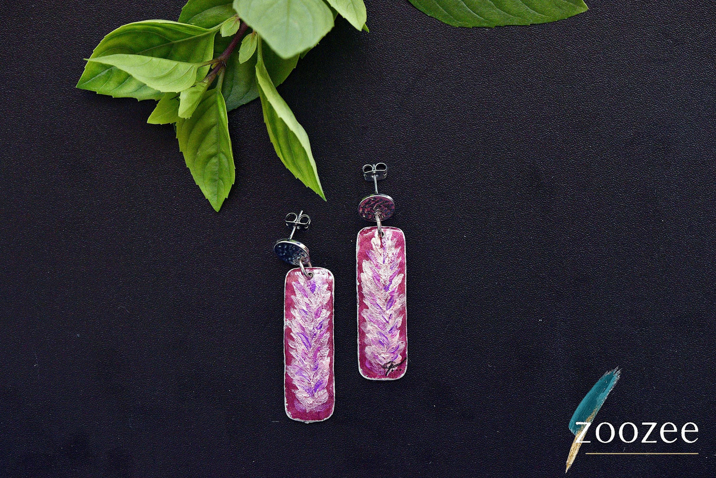 Hand Painted Botanical Earrings Purple Leaf Design Elegant Statement Jewelry