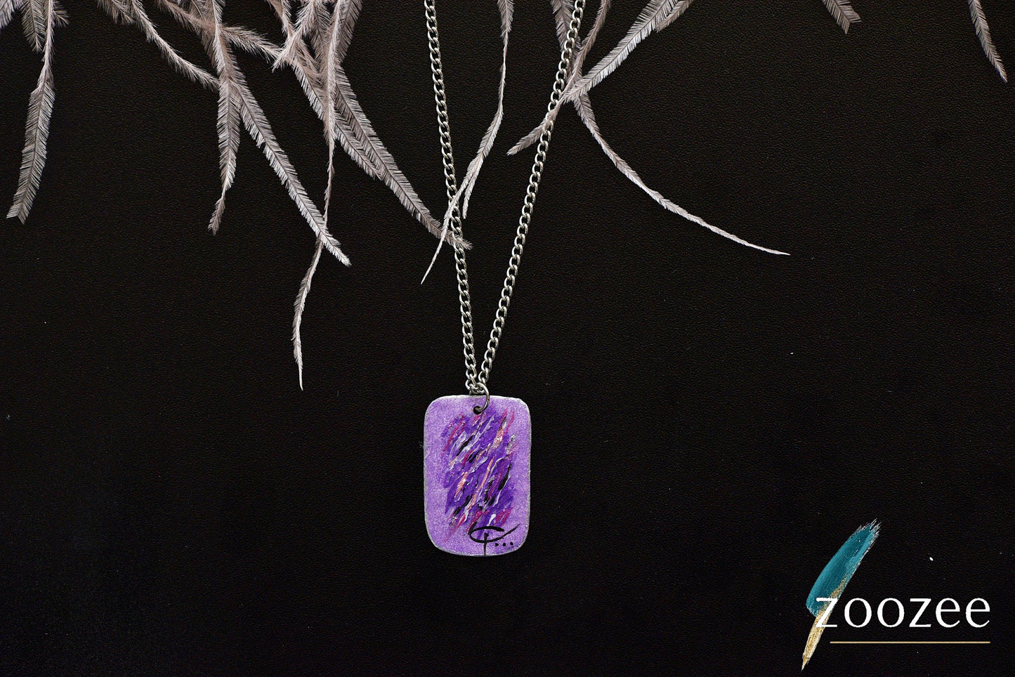 Purple abstract pendant necklace handpainted rectangular modern art jewelry
