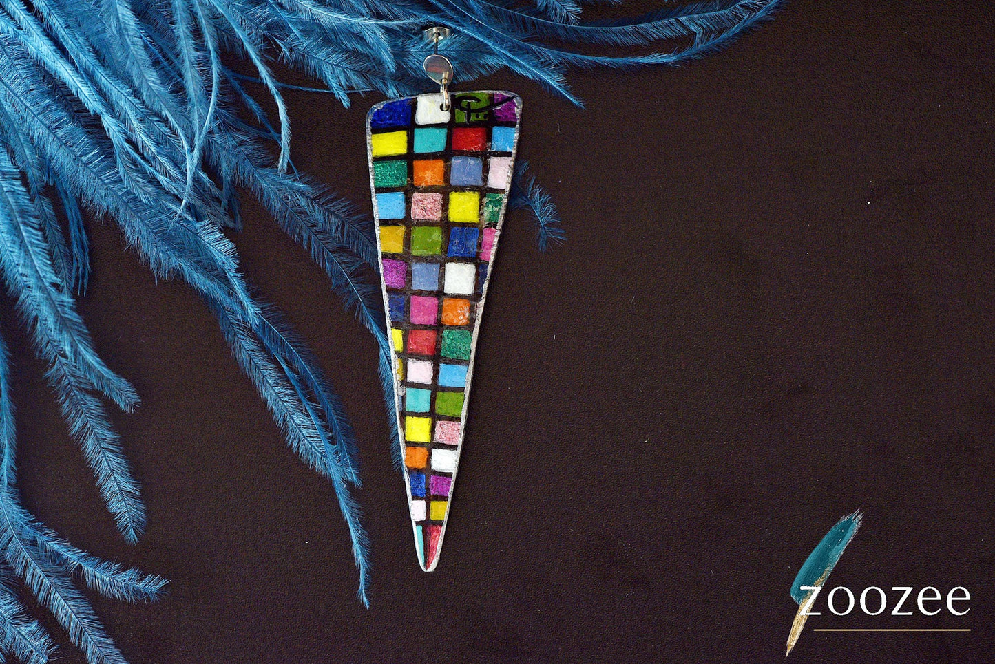 Hand Painted Mosaic Single Earring Colorful Triangle Statement Artistic Jewelry