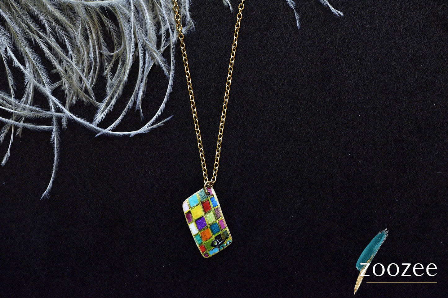 Painting on Metal Necklace Handpainted Mosaic Pendant Colorful Geometric Art Jewelry