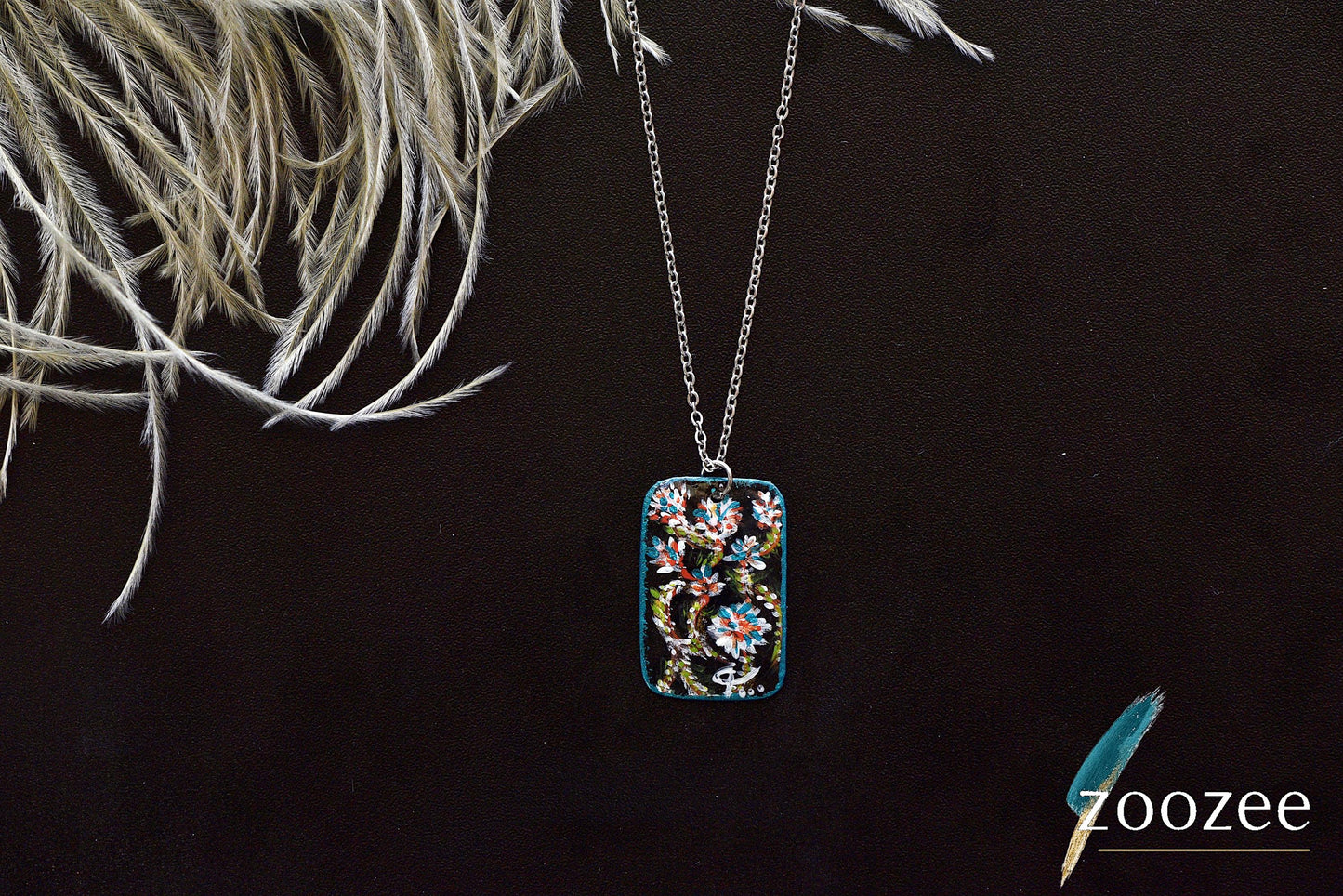 Painting on Metal Necklace Handpainted Floral Pendant Botanical Art Statement Jewelry