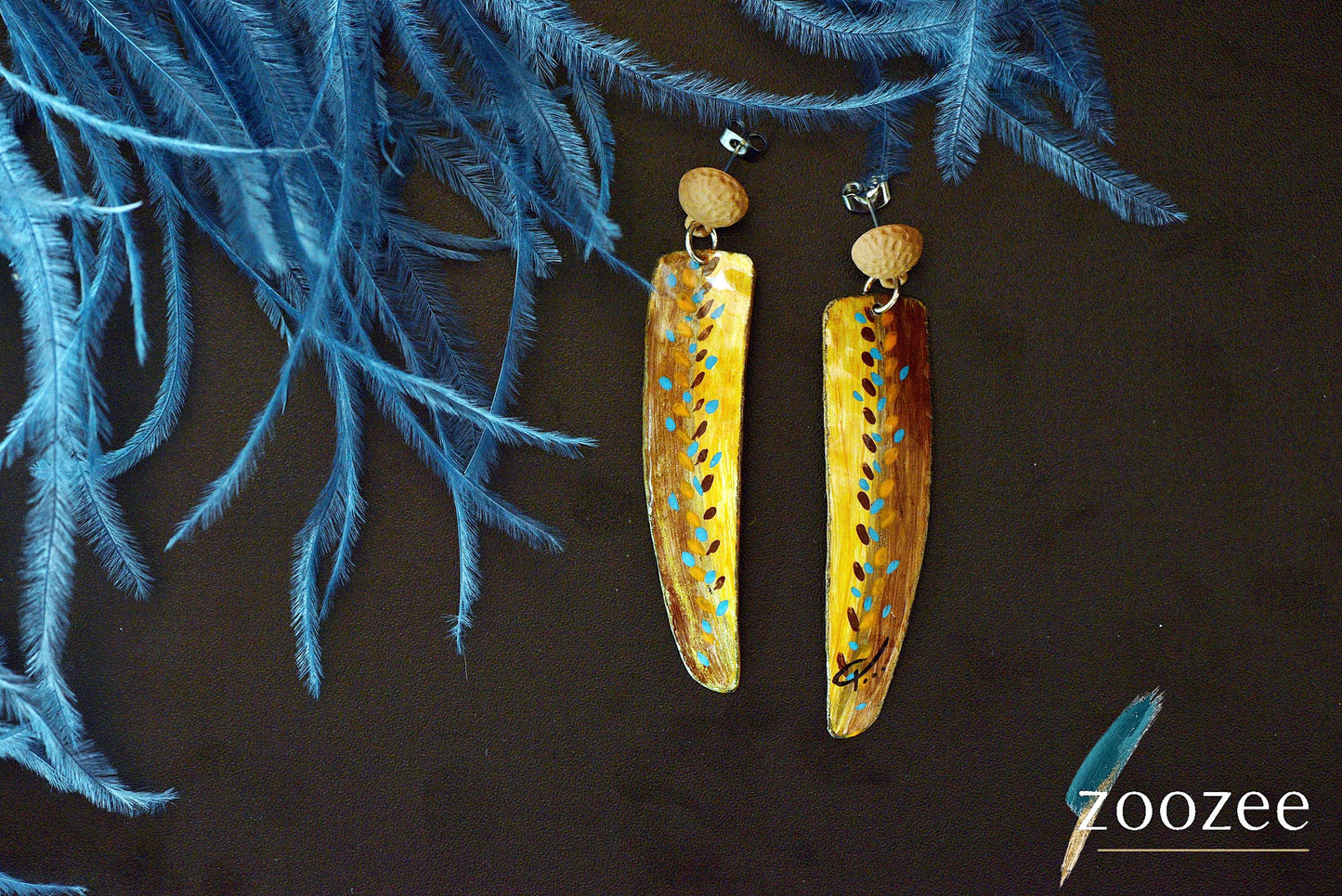 Hand Painted Long Gold Earrings Abstract Nature Design Lightweight Statement Jewelry