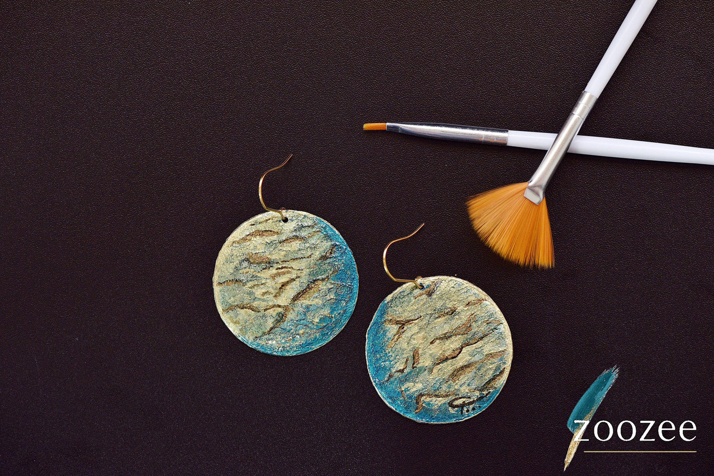 Textured Metal Earrings Hand Painted Round Earthy Statement Artisan Jewelry