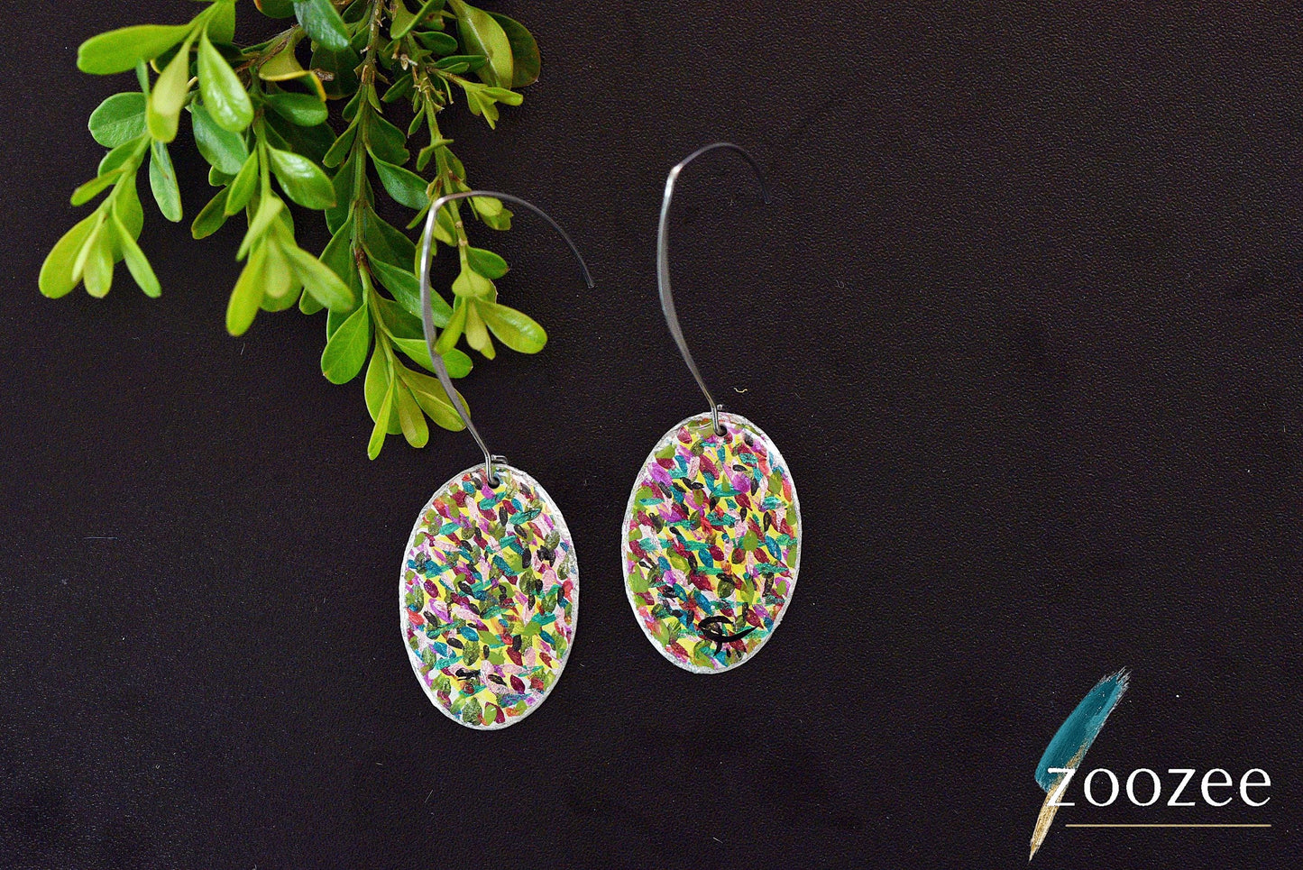 Colorful Confetti Oval Earrings Hand Painted Statement Lightweight Jewelry