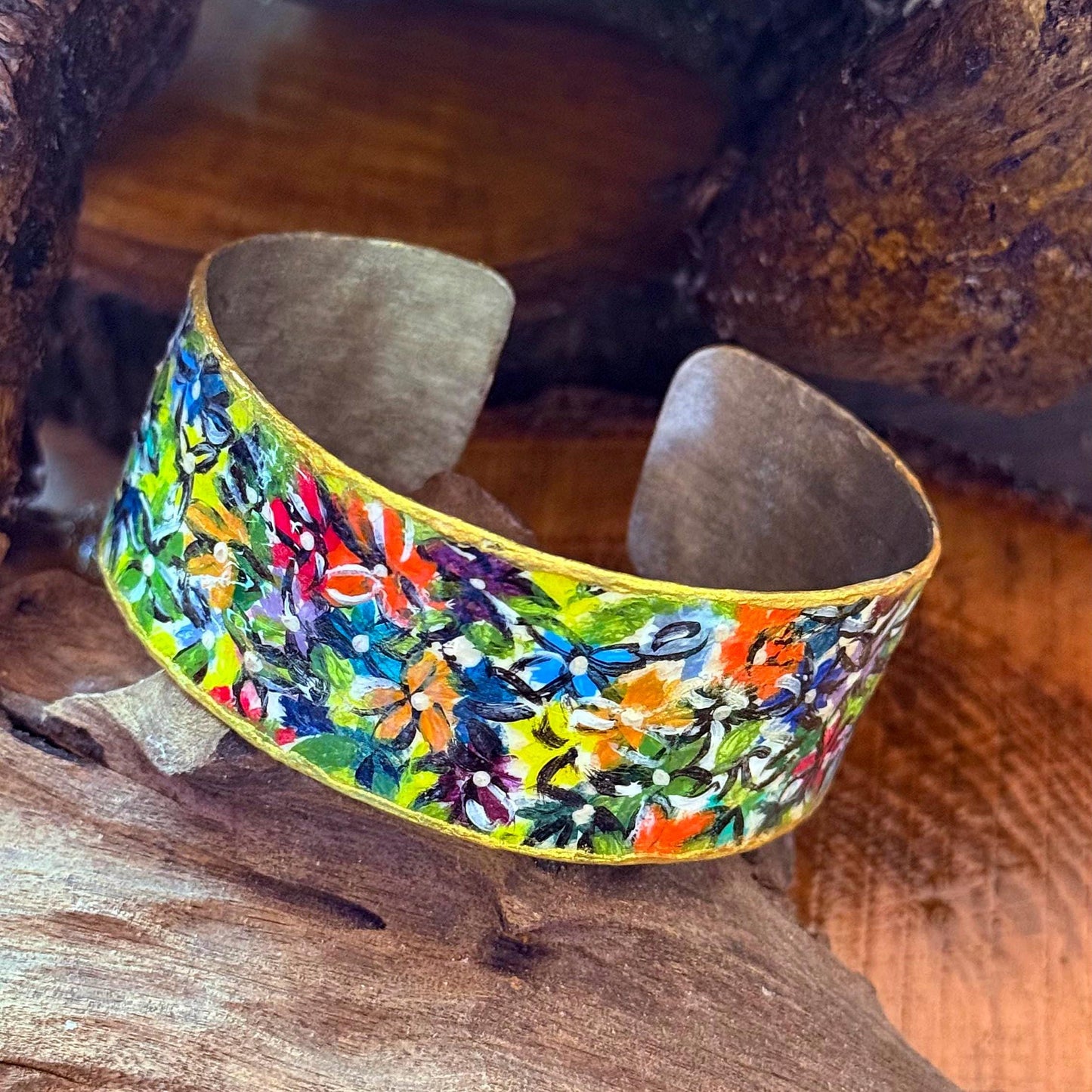 Handpainted Metal Cuff Bracelet – Abstract One of a Kind Jewellery – Contemporary Wearable Art – Alpaca Bracelet