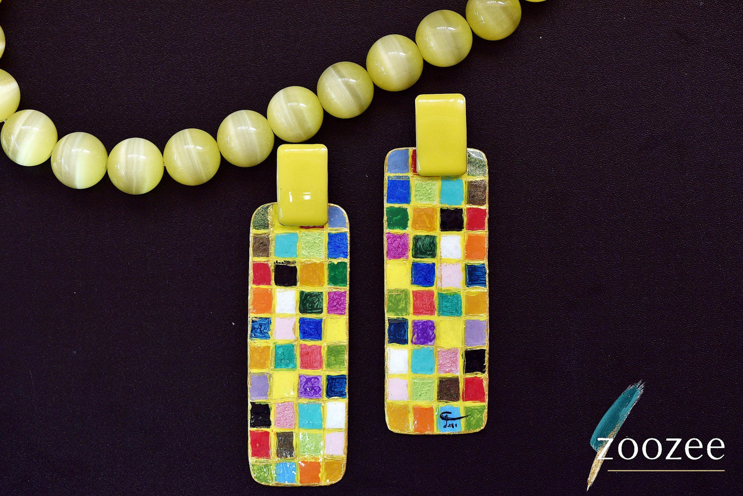 Hand Painted Metal Earrings Colorful Mosaic Rectangle Statement Artistic Jewelry