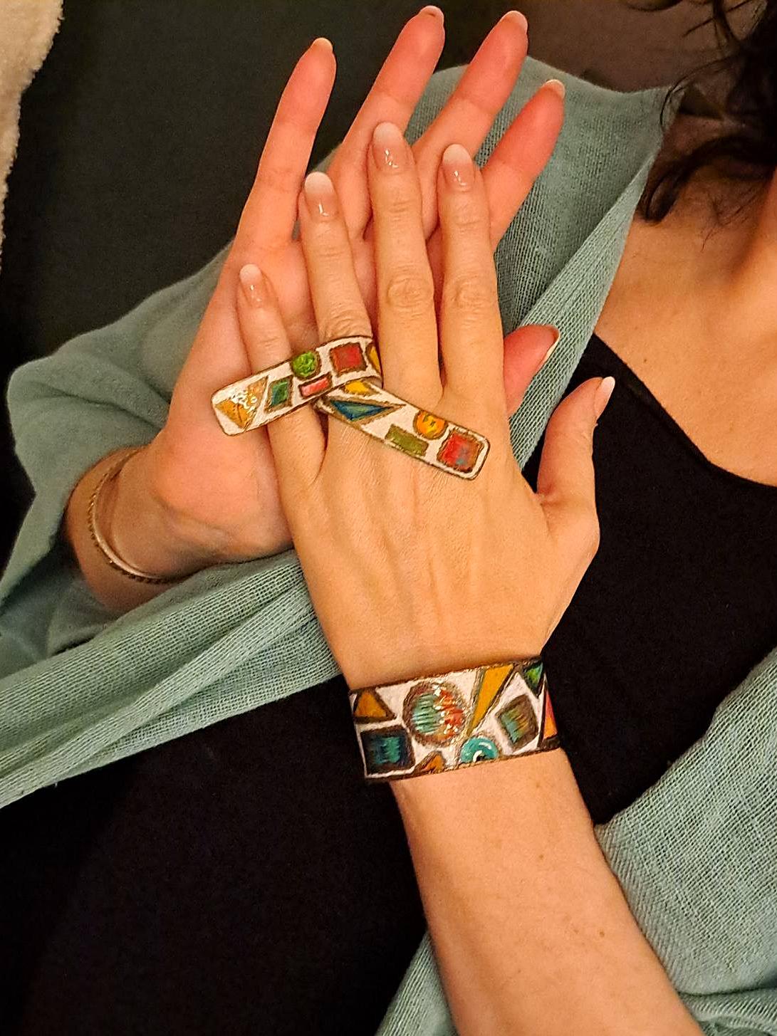 Hand Painted Alpaca Cuff Bracelet Geometric Mosaic Art Jewelry