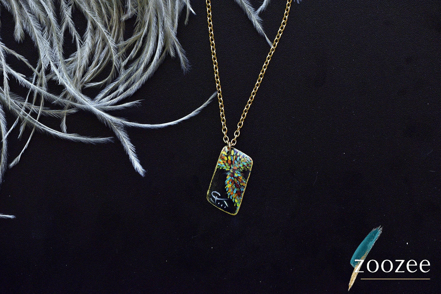 Painting on Metal Necklace Handpainted Tree Pendant Colorful Artistic Jewelry