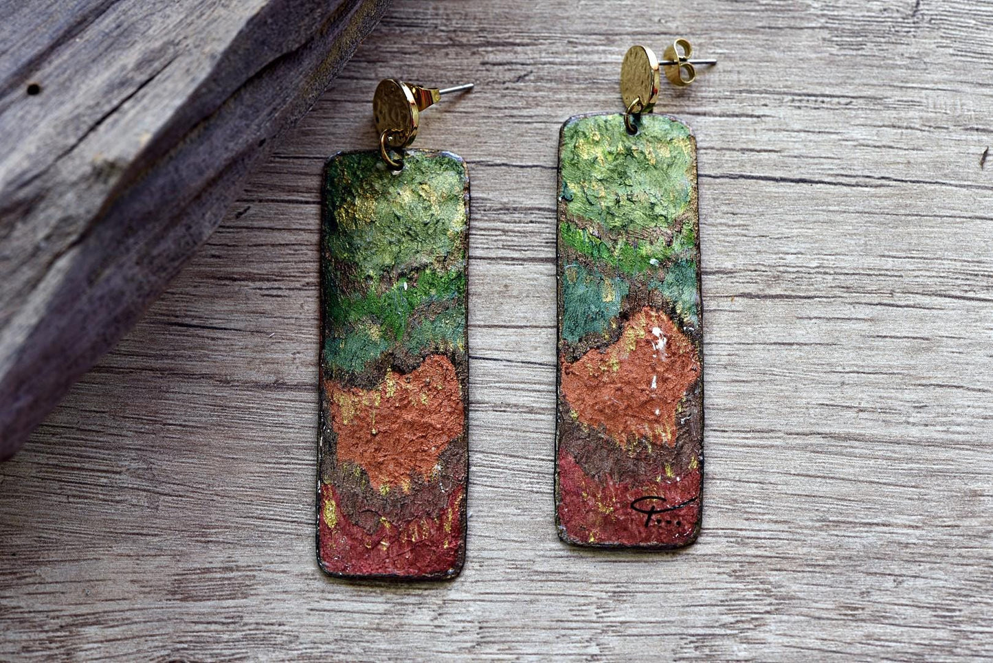 Textured Landscape Earrings, Green Gold Alpaca Jewelry, Handmade Artistic Statement Gift