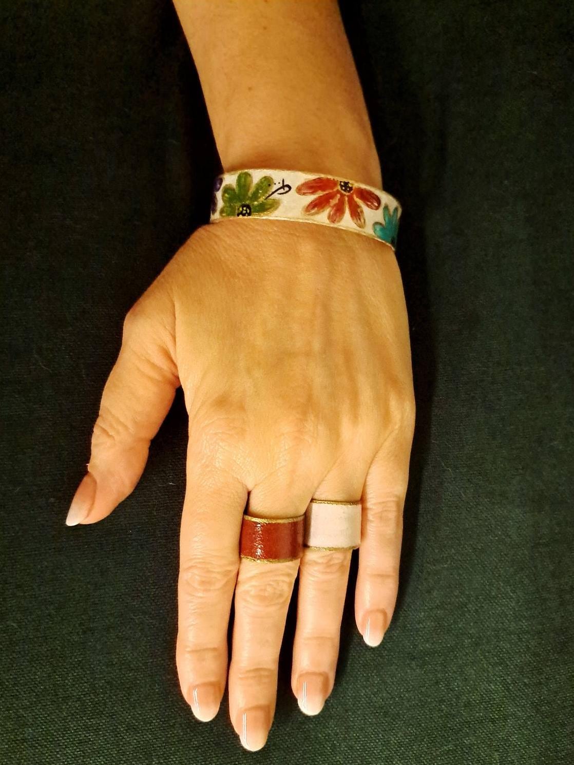 Hand Painted Alpaca Cuff Bracelet Floral Colorful Art Jewelry