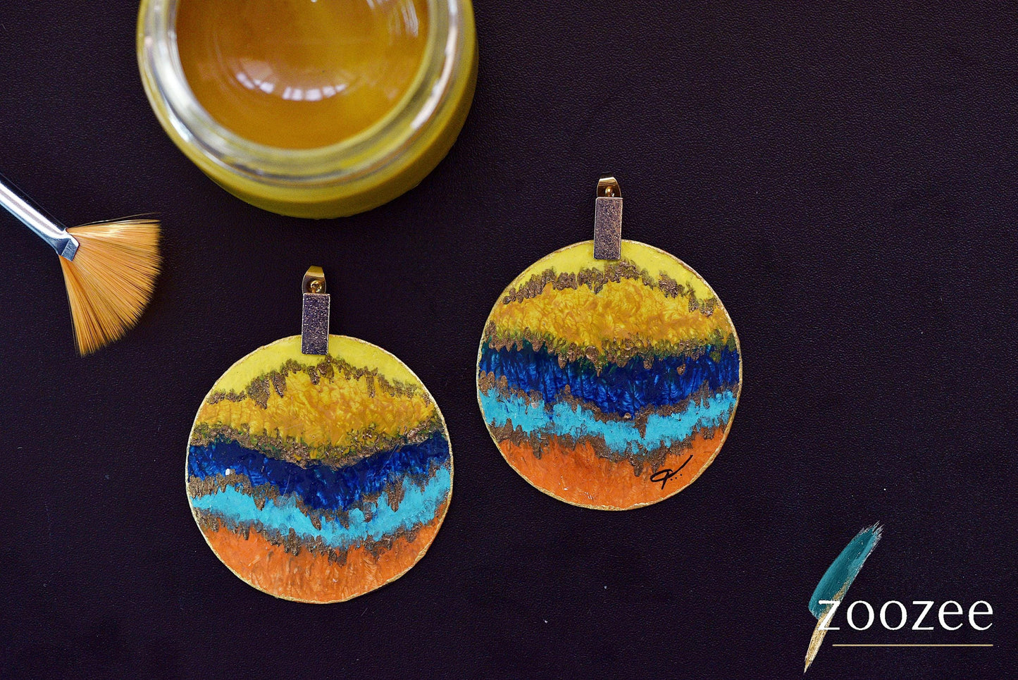 Colorful Abstract Round Earrings Artistic Statement Gold Detail Handmade Jewelry