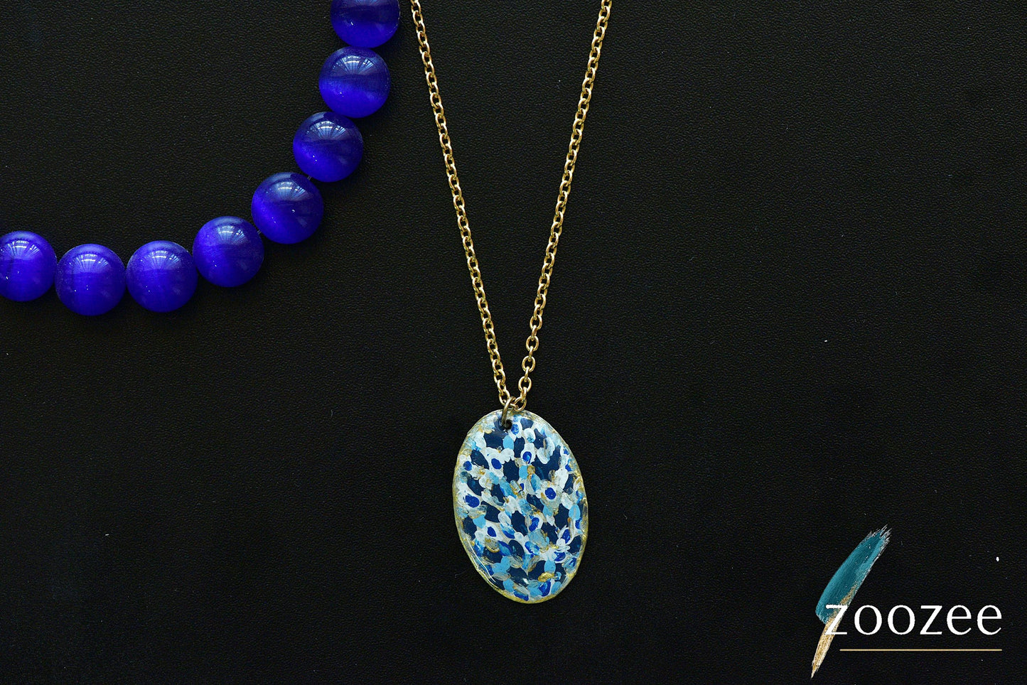 Hand Painted Blue Speckled Oval Pendant Necklace Abstract Art Jewelry