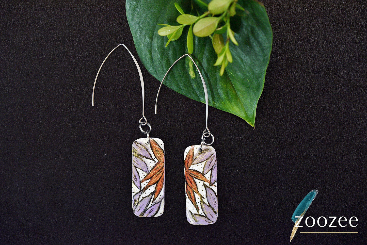 Hand Painted Metal Earrings Botanical Rectangle Minimal Artistic Elegant Jewelry
