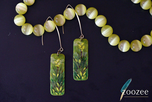 Painting on Metal Green Botanical Earrings Handpainted Nature Inspired Elegant Jewelry
