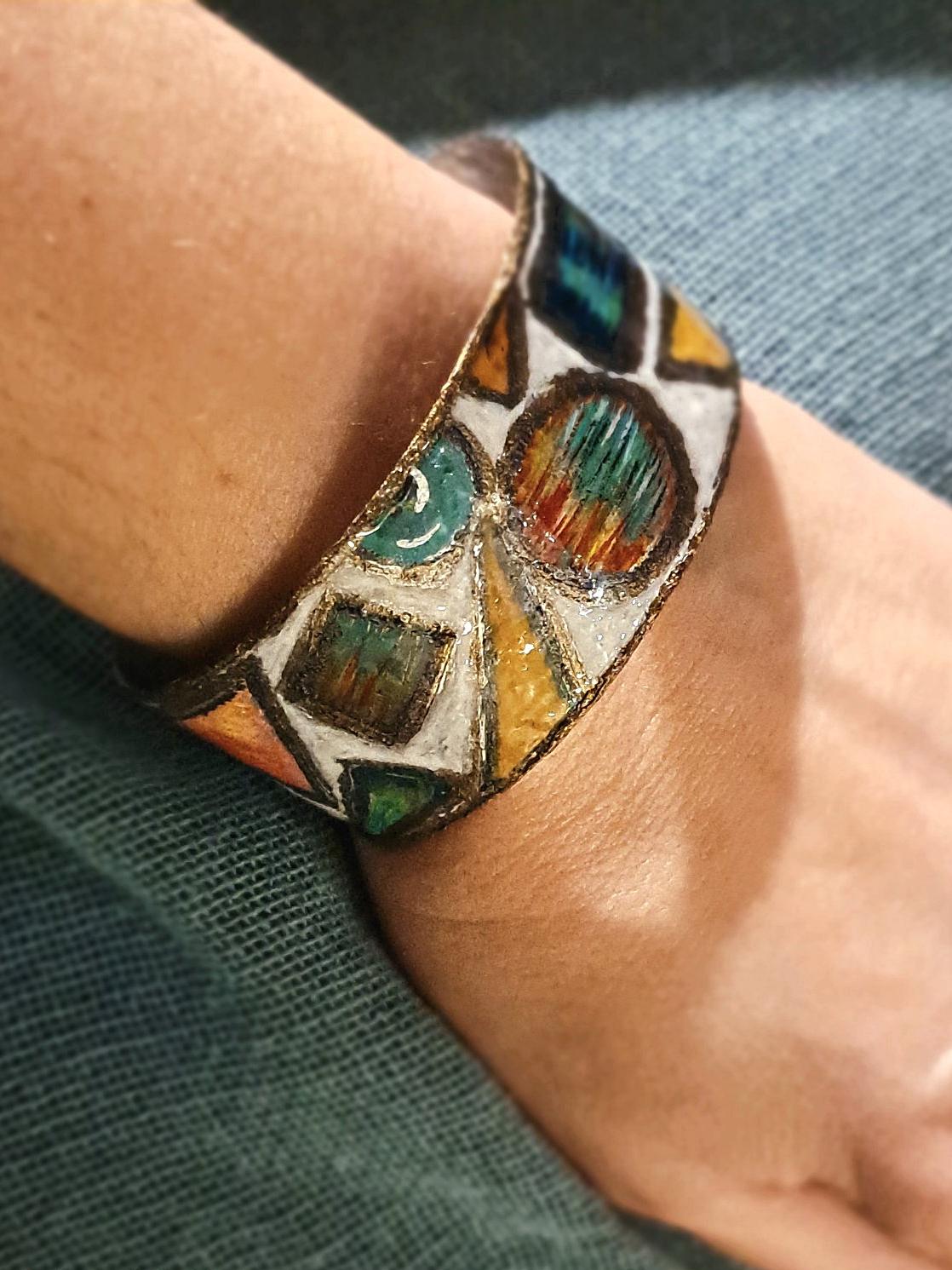 Hand Painted Alpaca Cuff Bracelet Geometric Mosaic Art Jewelry