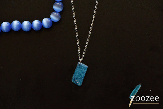 Deep Blue Minimal Rectangular Pendant Necklace Metal Handpainted Wearable art