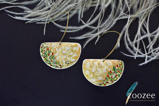 Hand Painted Metal Earrings Gold Botanical Semi Circle Elegant Artisan Jewelry
