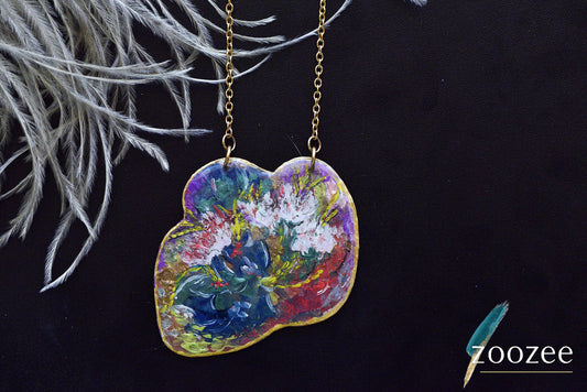 Painting on Metal Necklace Handpainted Organic Shape Floral Pendant Artistic Statement Jewelry