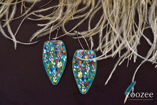 Hand Painted Teal Leaf Earrings Colorful Floral Abstract Art Jewelry