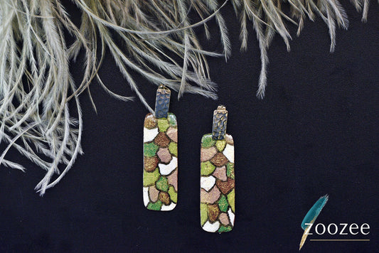 Earth Tone Mosaic Rectangle Earrings Textured Statement Jewelry Gold Black Detail