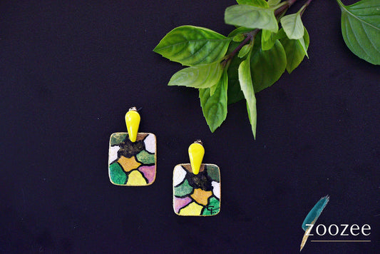 Colorful Mosaic Square Earrings with Yellow Accent Handmade Artistic Jewelry