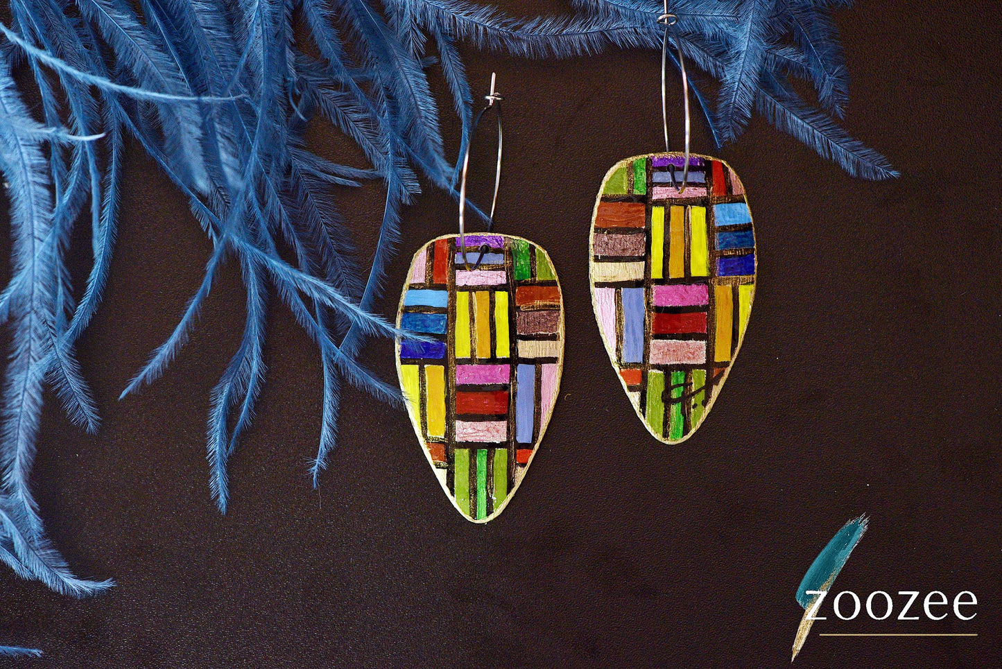 Colorful Abstract Mosaic Earrings Hand Painted Geometric Statement Jewelry