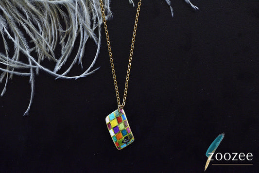 Painting on Metal Necklace Handpainted Mosaic Pendant Colorful Geometric Art Jewelry