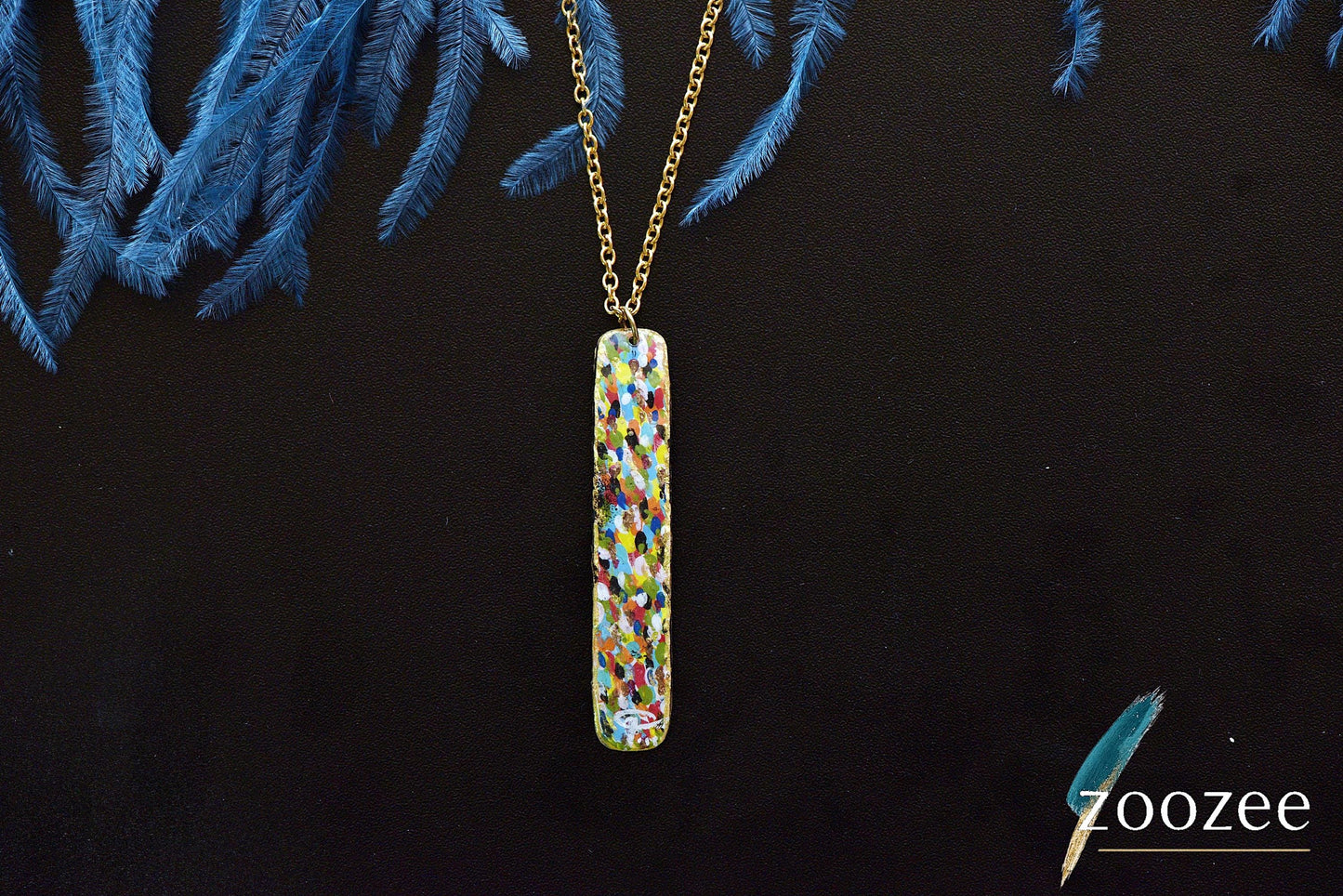Colorful long pendant necklace terrazzo style handpainted slim jewelry