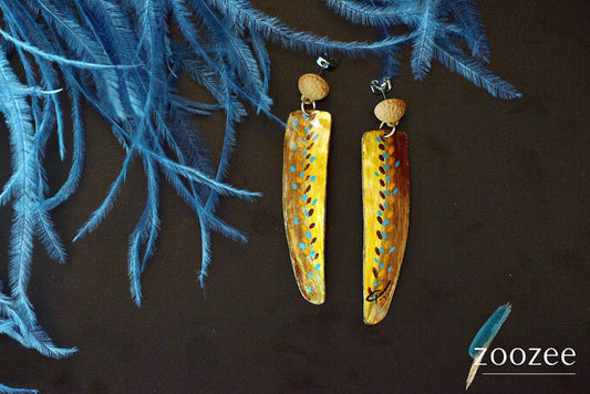 Hand Painted Long Gold Earrings Abstract Nature Design Lightweight Statement Jewelry