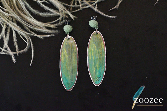 Minimal Green Abstract Earrings Long Oval Hand Painted Elegant Artisan Jewelry