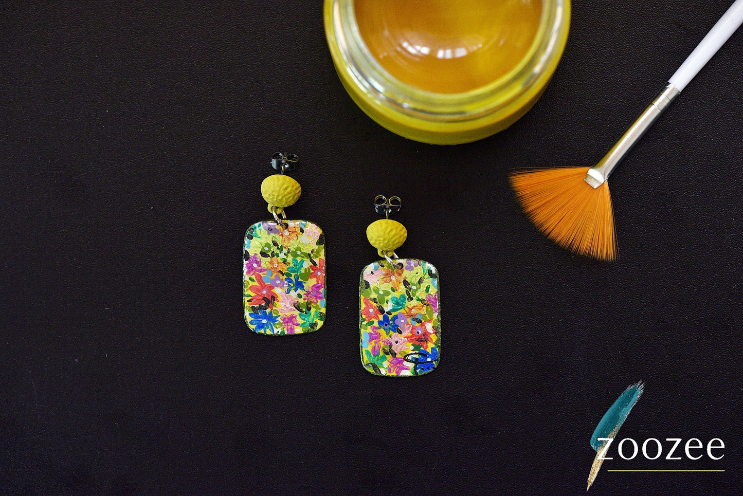 Hand Painted Floral Earrings Colorful Rectangular Art Jewelry With Yellow Stud
