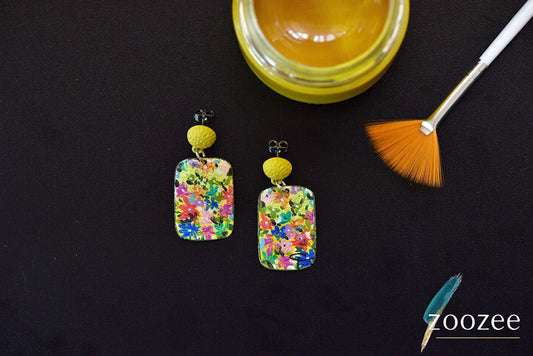 Hand Painted Floral Earrings Colorful Rectangular Art Jewelry With Yellow Stud