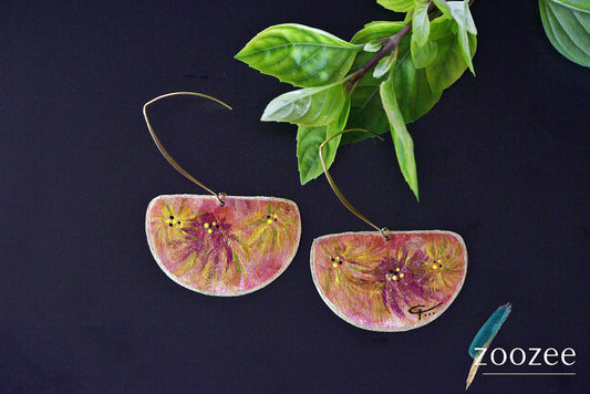 Hand Painted Metal Earrings Semi Circle Floral Art Elegant Statement Jewelry
