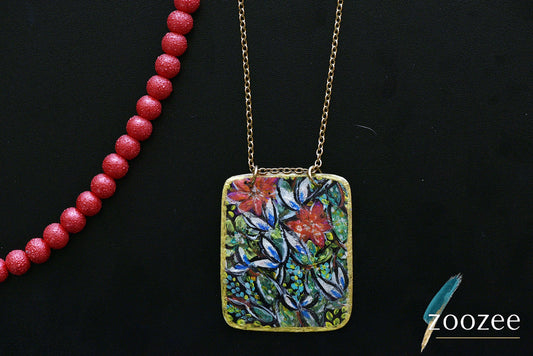 Painting on Metal Necklace Handpainted Botanical Panel Pendant Statement Art Jewelry