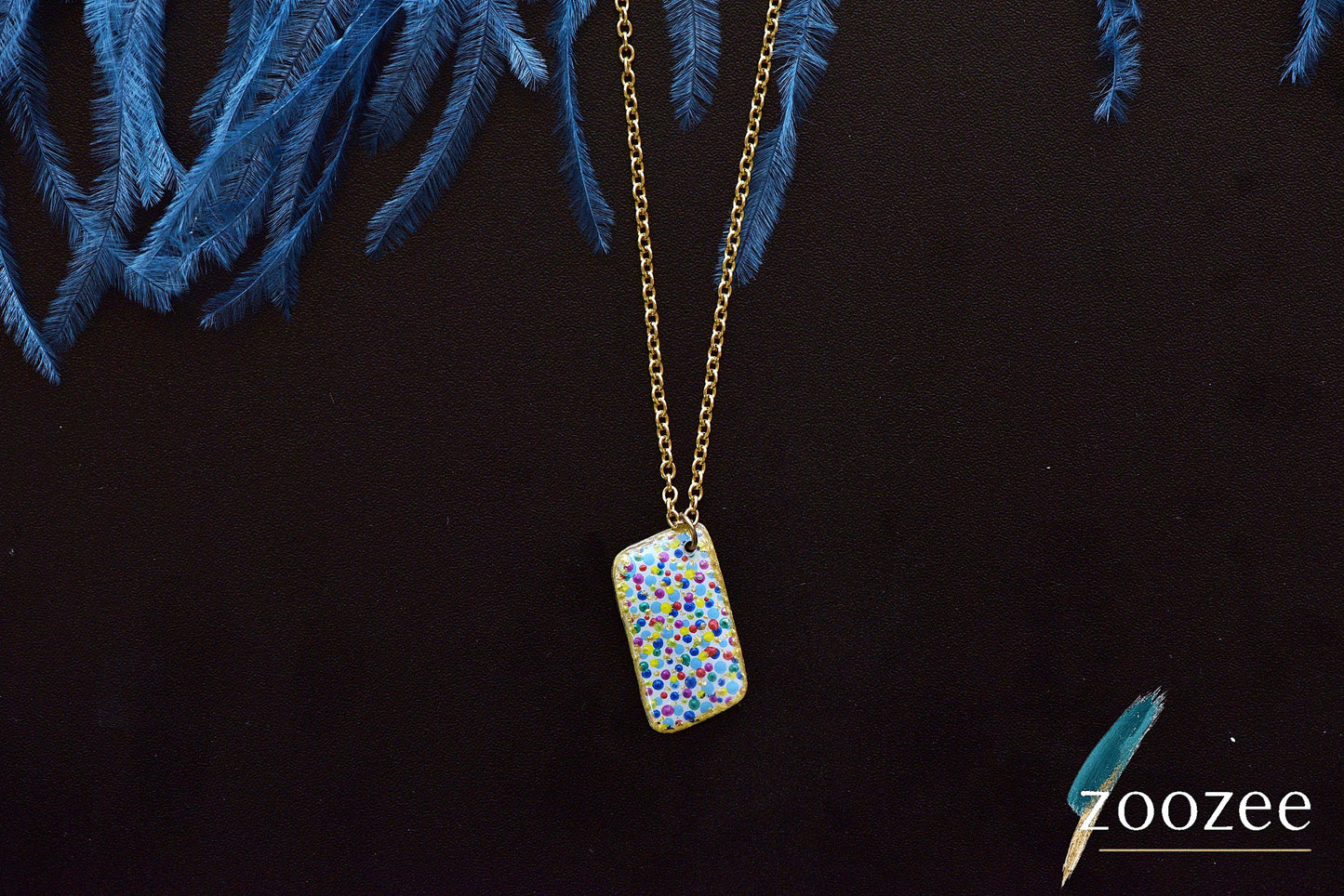 Colorful dot pendant necklace minimal rectangle playful handmade jewelry