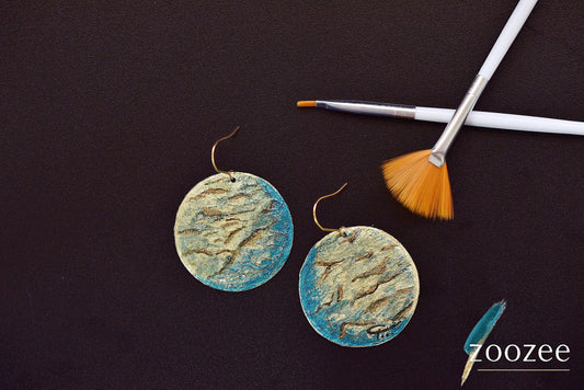 Textured Metal Earrings Hand Painted Round Earthy Statement Artisan Jewelry