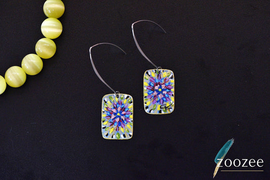Color Burst Mandala Earrings Hand Painted Statement Rectangular Jewelry