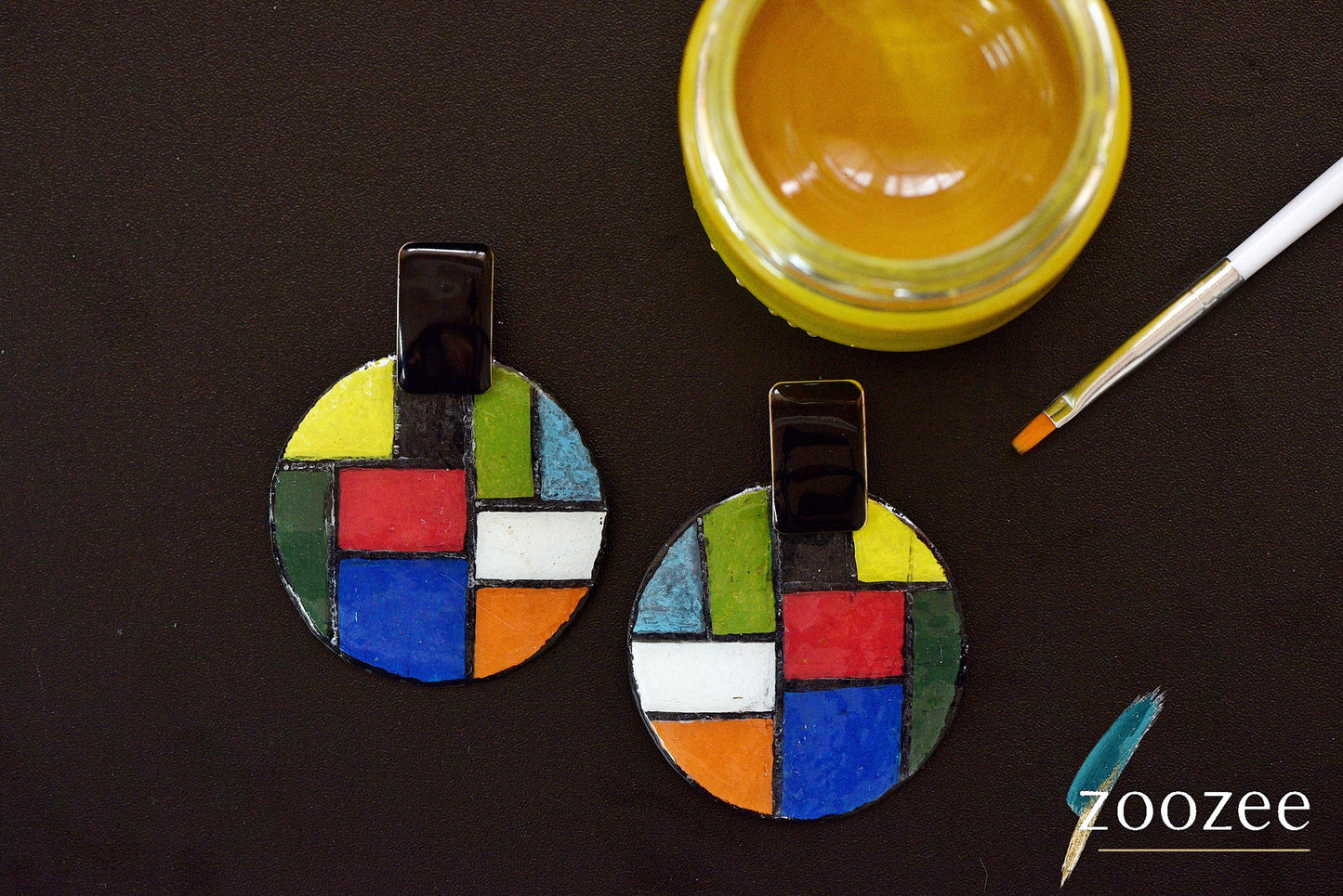 Geometric Circle Earrings Hand Painted Abstract Color Block Statement Earrings Modern Art Jewelry