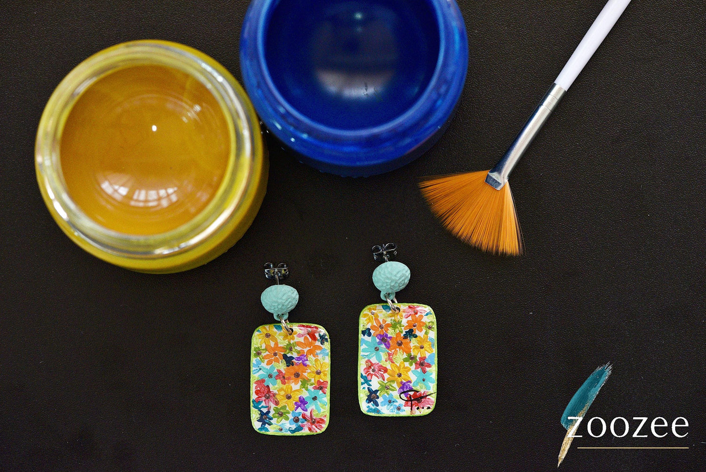 Colorful Floral Statement Earrings Hand Painted Garden Inspired Rectangle Jewelry