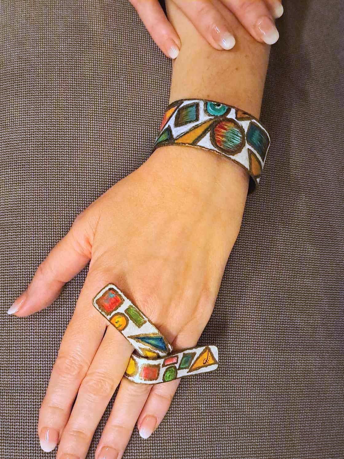 Hand Painted Alpaca Cuff Bracelet Geometric Mosaic Art Jewelry