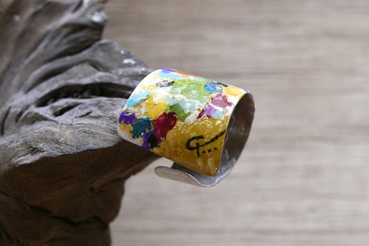 Handmade Alpaca Ring, Abstract Painted Patina Wearable Art, Statement Jewelry