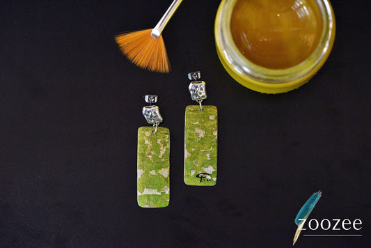 Painting on Metal Green Texture Earrings Minimal Artistic Handcrafted Statement Jewelry