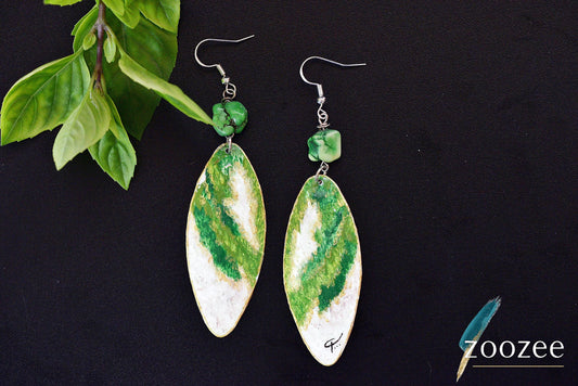 Hand-Painted Metal Leaf Dangle Earrings with Green Stone Beads – Nature Inspired Artistic Jewelry